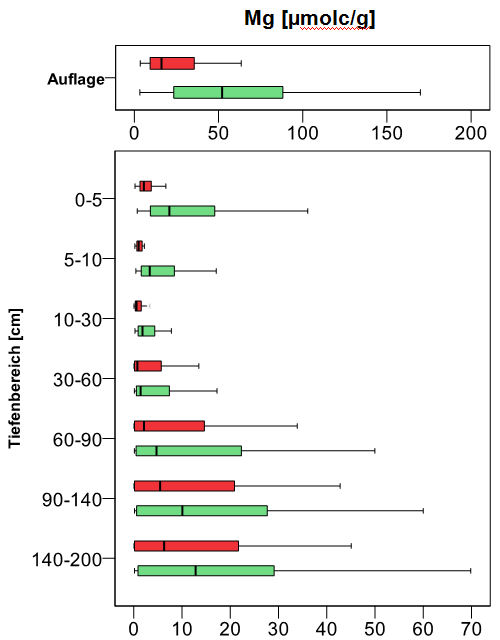 Boxplot Tiefenprofil der bodenchemischen Kennwerte, austauschbare Kationen Mg [µmolc/g] (BZE I 1989 rot; BZE II 2006 grün)