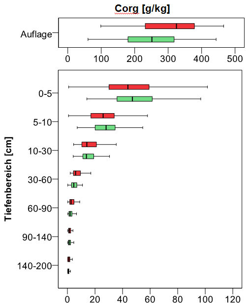 Boxplot Tiefenprofil der bodenchemischen Kennwerte Corg (BZE I 1989 rot; BZE II 2006 grün)