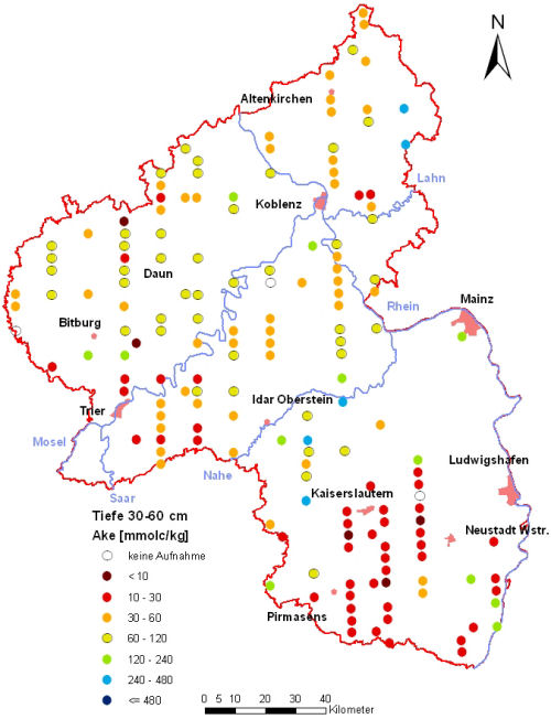 Landesweite Übersichtskarte Rheinland-Pfalz der BZE II, Austauschbare Kationen AKe (AKt) Mineralboden, Tiefenstufe 30-60 cm; ökochemische Klassen)