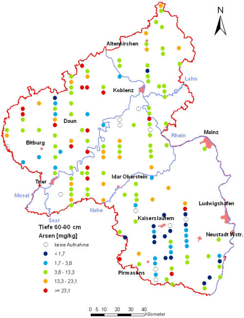 Landesweite Übersichtskarte Rheinland-Pfalz der BZE II, Arsen [mg/kg] (Mineralboden, Tiefenstufe 60-90 cm; Königswasser; Perzentilklassen)