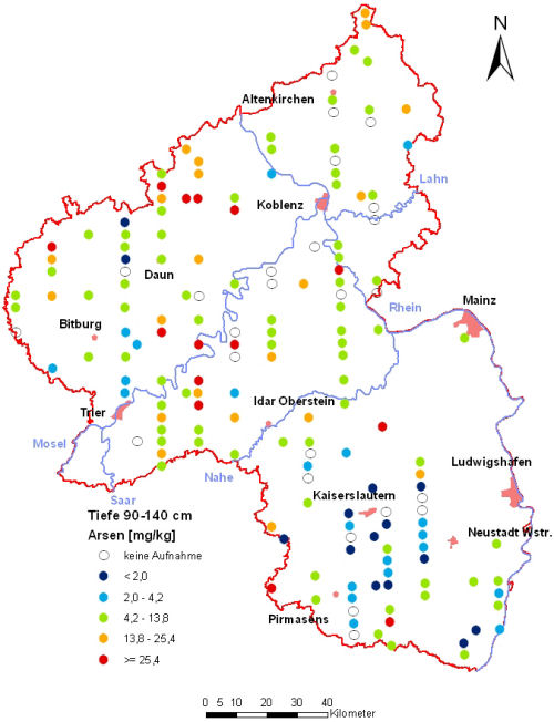 Landesweite Übersichtskarte Rheinland-Pfalz der BZE II, Arsen [mg/kg] (Mineralboden, Tiefenstufe 90-140 cm; Königswasser; Perzentilklassen)