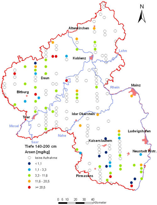 Landesweite Übersichtskarte Rheinland-Pfalz der BZE II, Arsen [mg/kg] (Mineralboden, Tiefenstufe 140-200 cm; Königswasser; Perzentilklassen)