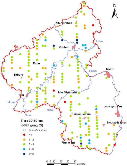 Landesweite Übersichtskarte Rheinland-Pfalz der BZE II, K-Sättigung [%] (Mineralboden, Tiefenstufe 30-60 cm; ökochemische Klassen)