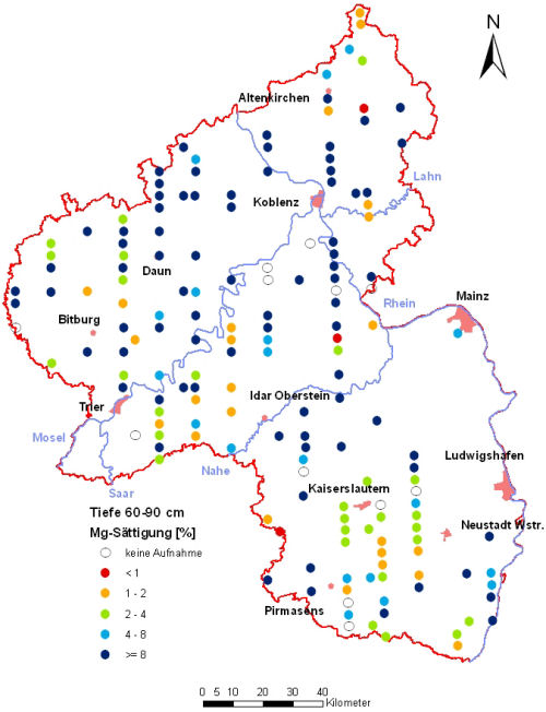 Landesweite Übersichtskarte Rheinland-Pfalz der BZE II, Mg-Sättigung [%] (Mineralboden, Tiefenstufe 60-90 cm; ökochemische Klassen)