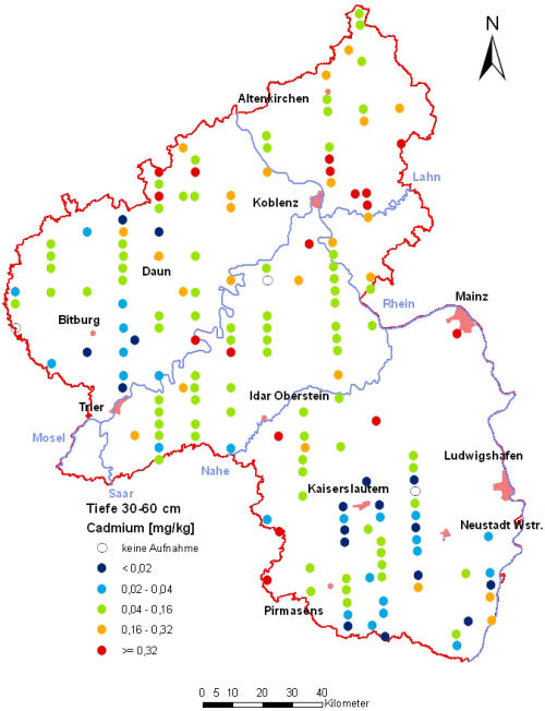 Landesweite Übersichtskarte Rheinland-Pfalz der BZE II, Cadmium [mg/kg] (Mineralboden, Tiefenstufe 30-60 cm; Königswasser; Perzentilklassen)