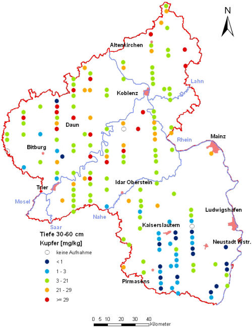 Landesweite Übersichtskarte Rheinland-Pfalz der BZE II, Kupfer [mg/kg] (Mineralboden, Tiefenstufe 30-60 cm; Königswasser; Perzentilklassen)