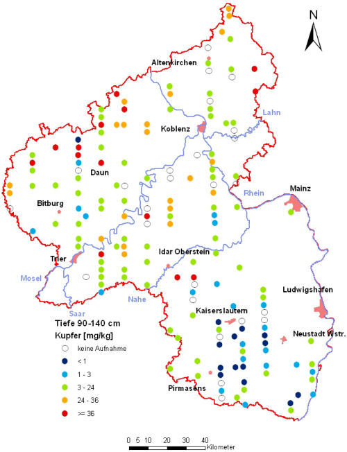 Landesweite Übersichtskarte Rheinland-Pfalz der BZE II, Kupfer [mg/kg] (Mineralboden, Tiefenstufe 90-140 cm; Königswasser; Perzentilklassen)