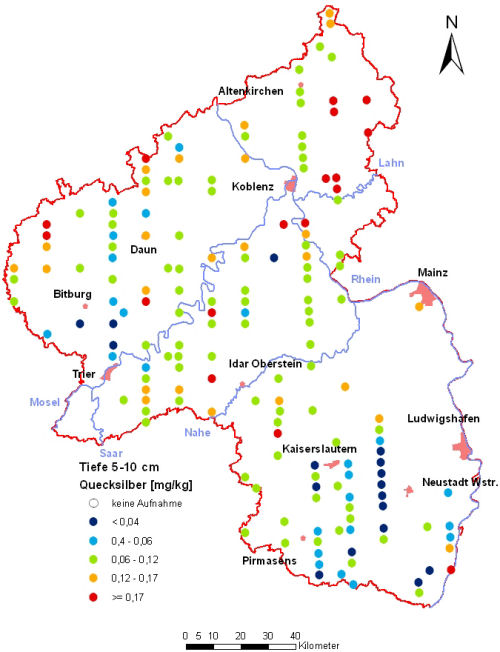 Landesweite Übersichtskarte Rheinland-Pfalz der BZE II, Quecksilber [mg/kg] (Mineralboden, Tiefenstufe 5-10 cm; Königswasser; Perzentilklassen)