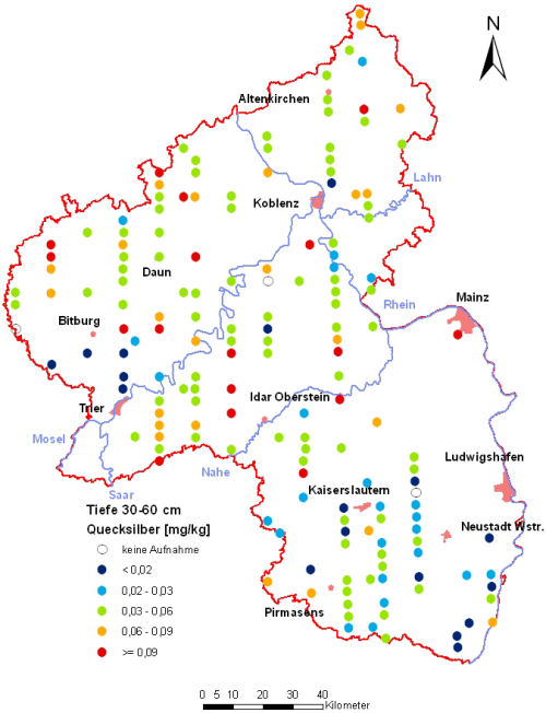 Landesweite Übersichtskarte Rheinland-Pfalz der BZE II, Quecksilber [mg/kg] (Mineralboden, Tiefenstufe 30-60 cm; Königswasser; Perzentilklassen)