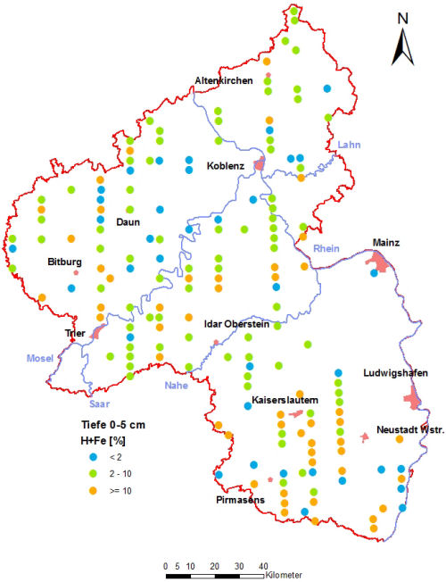 Landesweite Übersichtskarte Rheinland-Pfalz der BZE II,H+Fe-Sättigung [%] (Mineralboden, Tiefenstufe 0-5 cm; ökochemische Klassen)