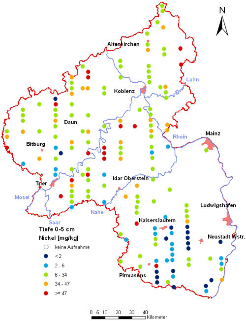 Landesweite Übersichtskarte Rheinland-Pfalz der BZE II, Nickel [mg/kg] (Mineralboden, Tiefenstufe 0-5 cm; Königswasser; Perzentilklassen)
