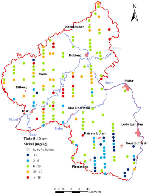 Landesweite Übersichtskarte Rheinland-Pfalz der BZE II, Nickel [mg/kg] (Mineralboden, Tiefenstufe 5-10 cm; Königswasser; Perzentilklassen)