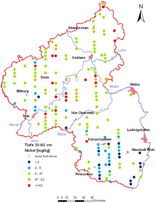 Landesweite Übersichtskarte Rheinland-Pfalz der BZE II, Nickel [mg/kg] (Mineralboden, Tiefenstufe 30-60 cm; Königswasser; Perzentilklassen)