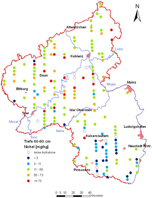 Landesweite Übersichtskarte Rheinland-Pfalz der BZE II, Nickel [mg/kg] (Mineralboden, Tiefenstufe 60-90 cm; Königswasser; Perzentilklassen)