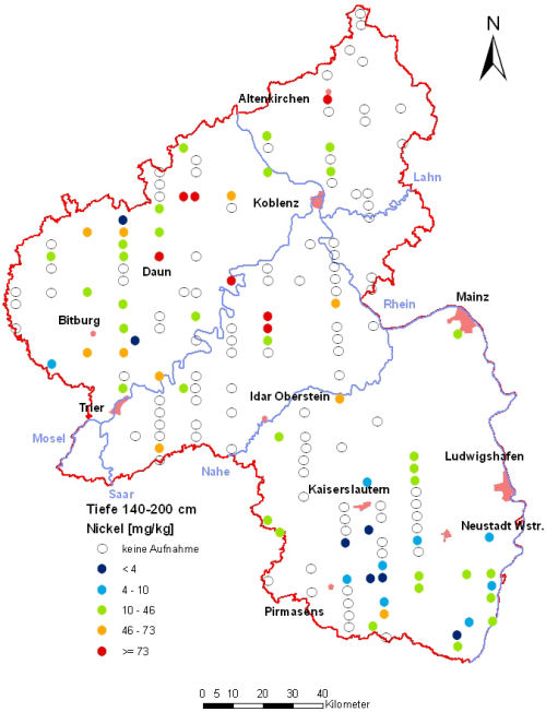 Landesweite Übersichtskarte Rheinland-Pfalz der BZE II, Nickel [mg/kg] (Mineralboden, Tiefenstufe 140-200 cm; Königswasser; Perzentilklassen)