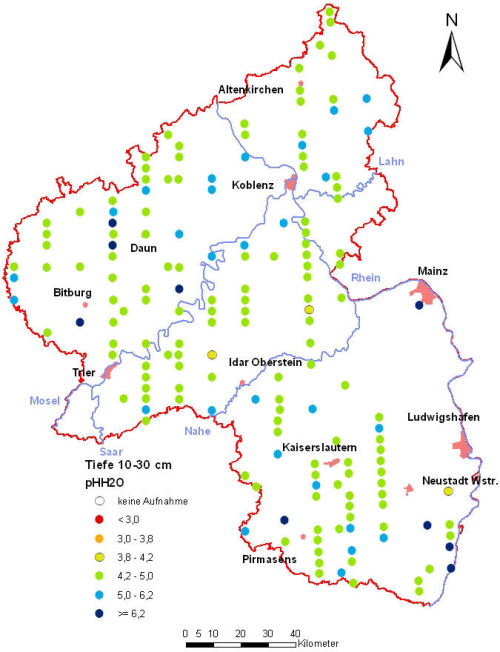 Landesweite Übersichtskarte Rheinland-Pfalz der BZE II, pH-Werte pH H2O (Mineralboden, Tiefenstufe 10-30 cm; ökochemische Klassen)