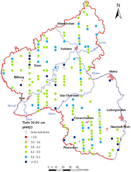 Landesweite Übersichtskarte Rheinland-Pfalz der BZE II, pH-Werte pH H2O (Mineralboden, Tiefenstufe 30-60 cm; ökochemische Klassen)