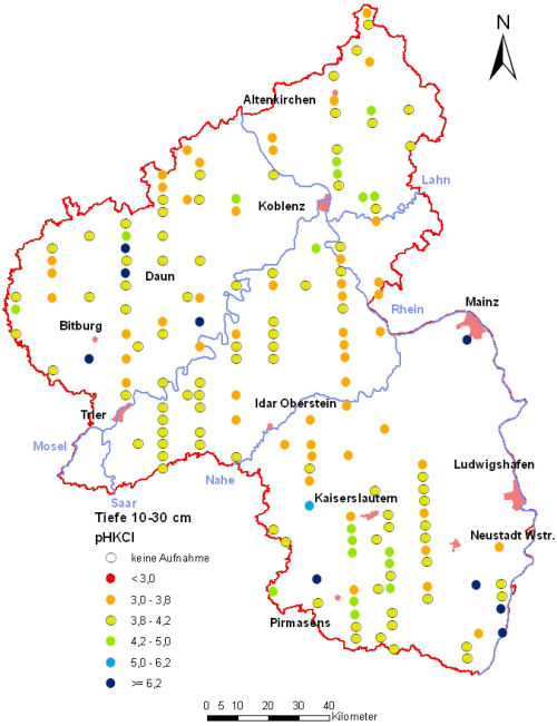 Landesweite Übersichtskarte Rheinland-Pfalz der BZE II, pH-Werte pH KCl (Mineralboden, Tiefenstufe 10-30 cm; ökochemische Klassen)