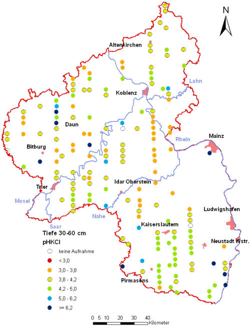 Landesweite Übersichtskarte Rheinland-Pfalz der BZE II, pH-Werte pH KCl (Mineralboden, Tiefenstufe 30-60 cm; ökochemische Klassen)