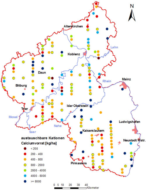 Landesweite Übersichtskarte Rheinland-Pfalz der BZE II, austauschbare Kationen Calciumvorrat [kg/ha] Humusauflage und Mineralboden; ökochemische Klassen, Perzentilklassen)