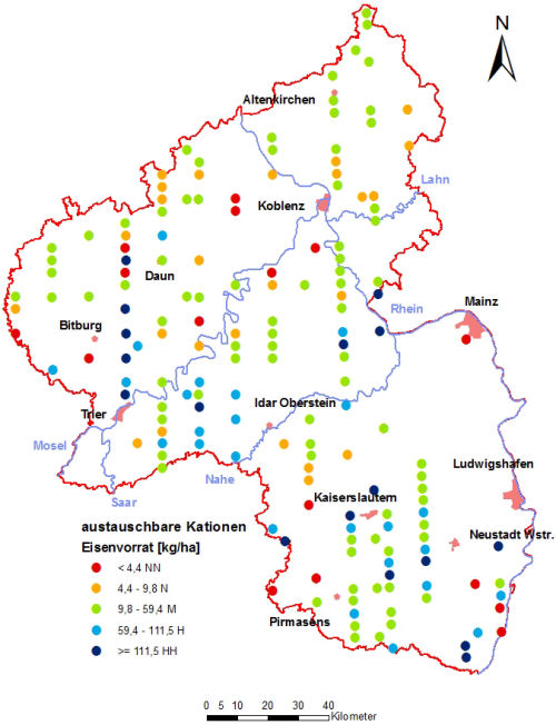 Landesweite Übersichtskarte Rheinland-Pfalz der BZE II, austauschbare Kationen Eisenvorrat [kg/ha] Humusauflage und Mineralboden; ökochemische Klassen, Perzentilklassen)