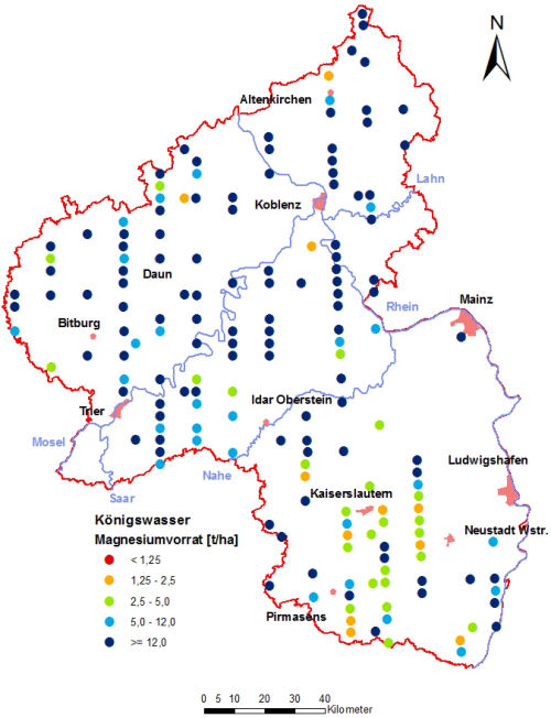 Landesweite Übersichtskarte Rheinland-Pfalz der BZE II, Königswasser Magnesiumvorrat [t/ha] Humusauflage und Mineralboden; ökochemische Klassen, Perzentilklassen)