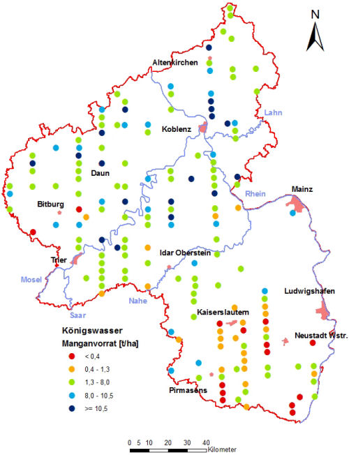 Landesweite Übersichtskarte Rheinland-Pfalz der BZE II, Königswasser Manganvorrat [t/ha] Humusauflage und Mineralboden; ökochemische Klassen, Perzentilklassen)
