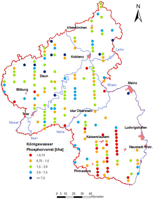 Landesweite Übersichtskarte Rheinland-Pfalz der BZE II, Königswasser Phosphorvorrat [t/ha] Humusauflage und Mineralboden; ökochemische Klassen, Perzentilklassen)