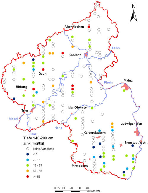Landesweite Übersichtskarte Rheinland-Pfalz der BZE II, Zink [mg/kg] (Mineralboden, Tiefenstufe 140-200 cm; Königswasser; Perzentilklassen)